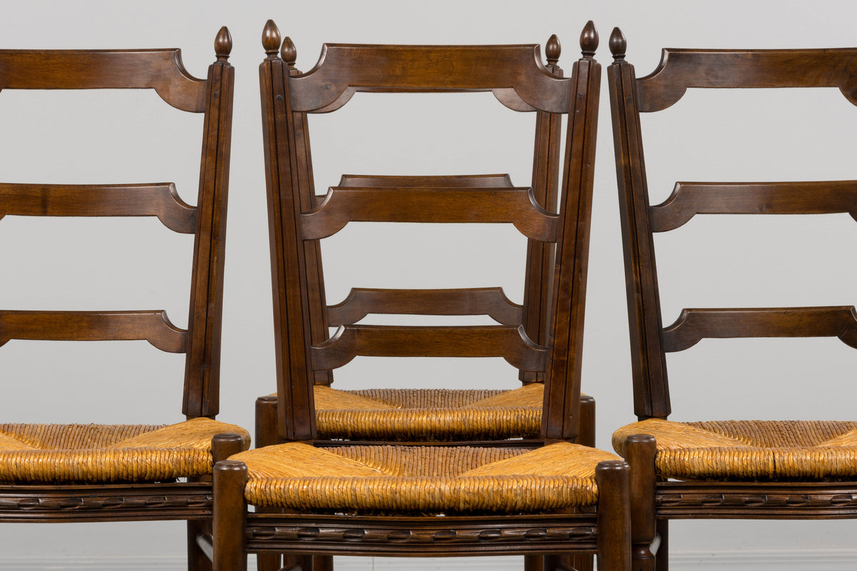 Antique French Louis XVI Style Ladder Back Walnut Dining Chairs W/ Rush Seats - Set of 8