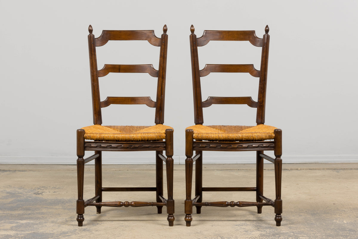 Antique French Louis XVI Style Ladder Back Walnut Dining Chairs W/ Rush Seats - Set of 8