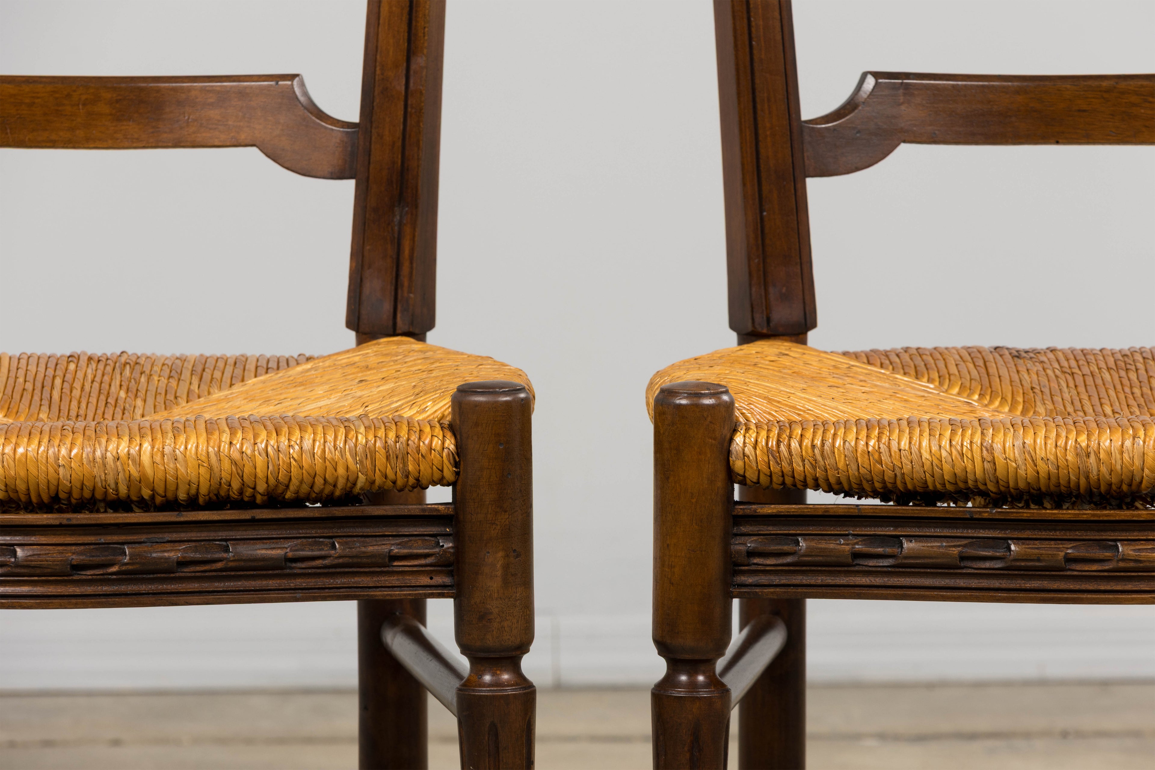 ON HOLD Antique French Louis XVI Style Ladder Back Walnut Dining Chairs W/ Rush Seats - Set of 8