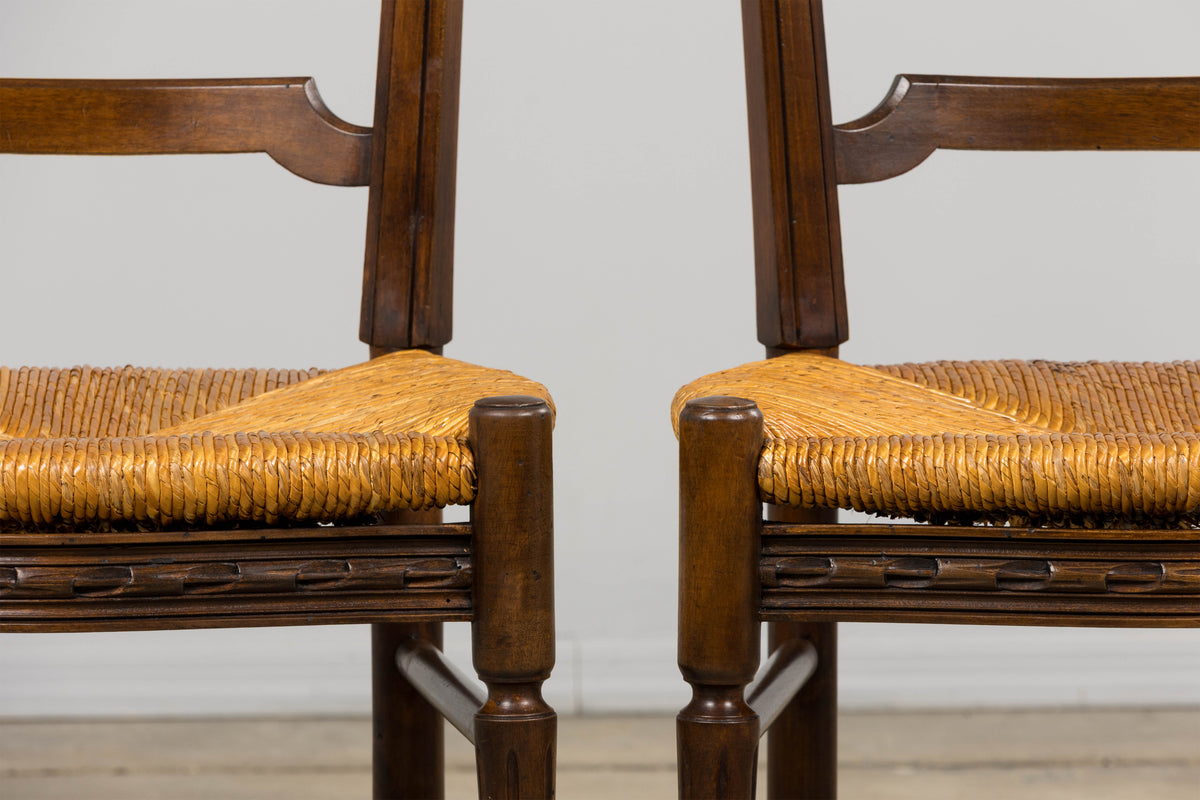 Antique French Louis XVI Style Ladder Back Walnut Dining Chairs W/ Rush Seats - Set of 8