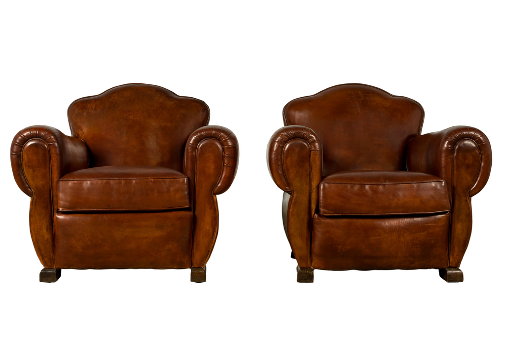 1940s French Art Deco Cognac Leather Club Chairs, Pair