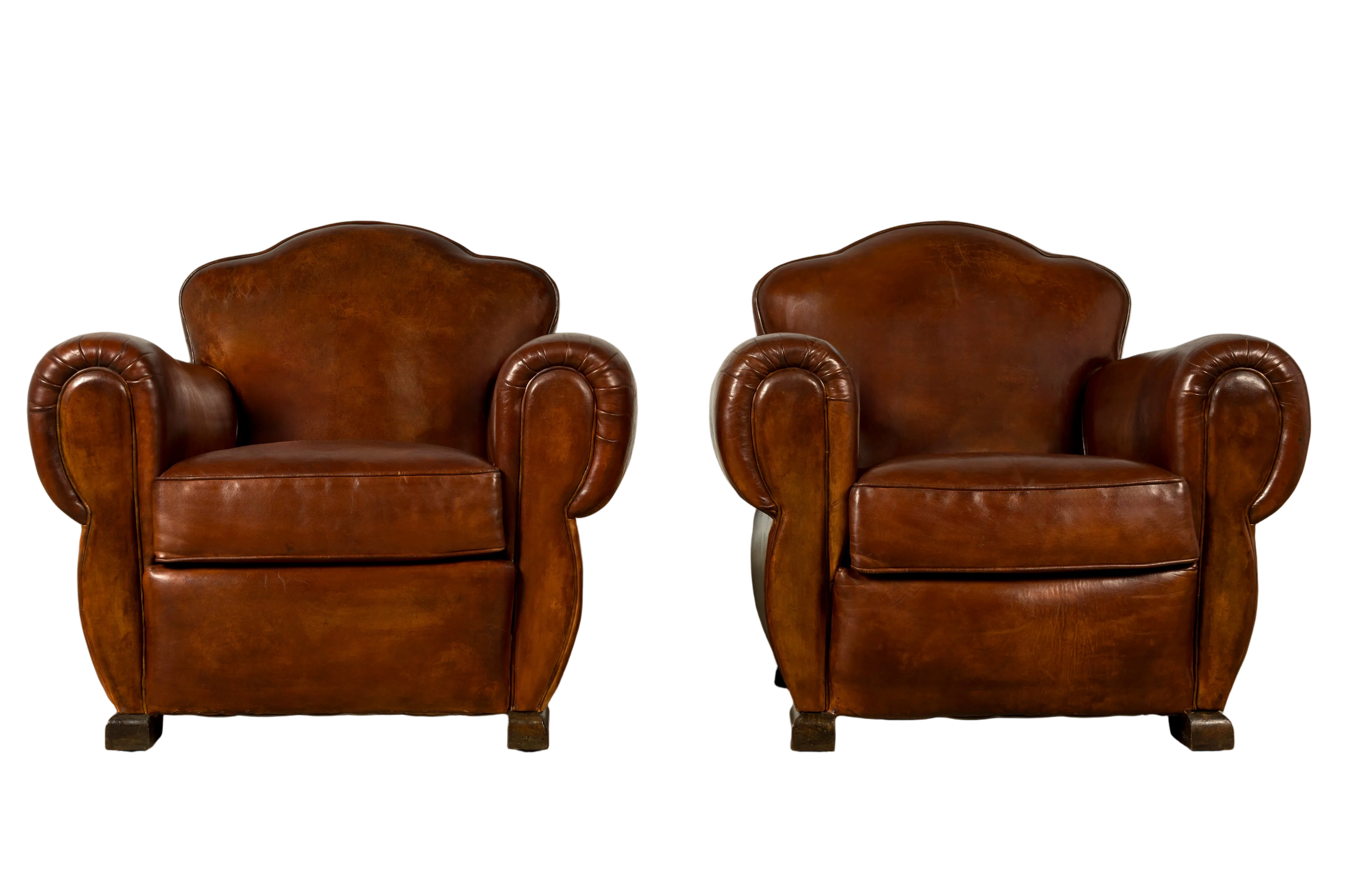 1940s French Art Deco Cognac Leather Club Chairs, Pair