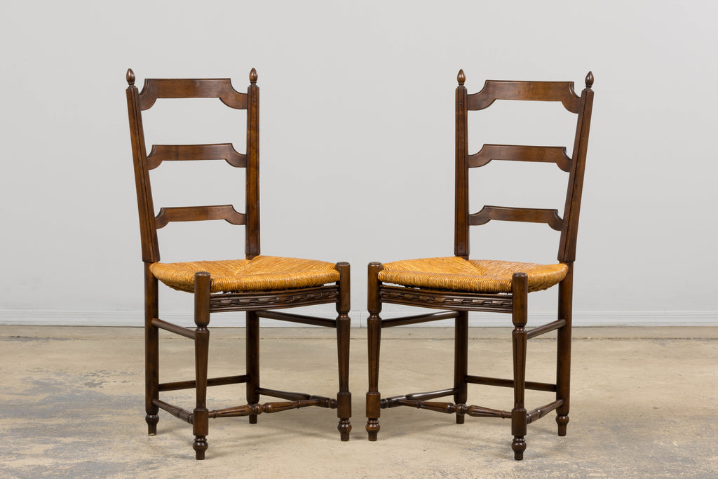 ON HOLD Antique French Louis XVI Style Ladder Back Walnut Dining Chairs W/ Rush Seats - Set of 8