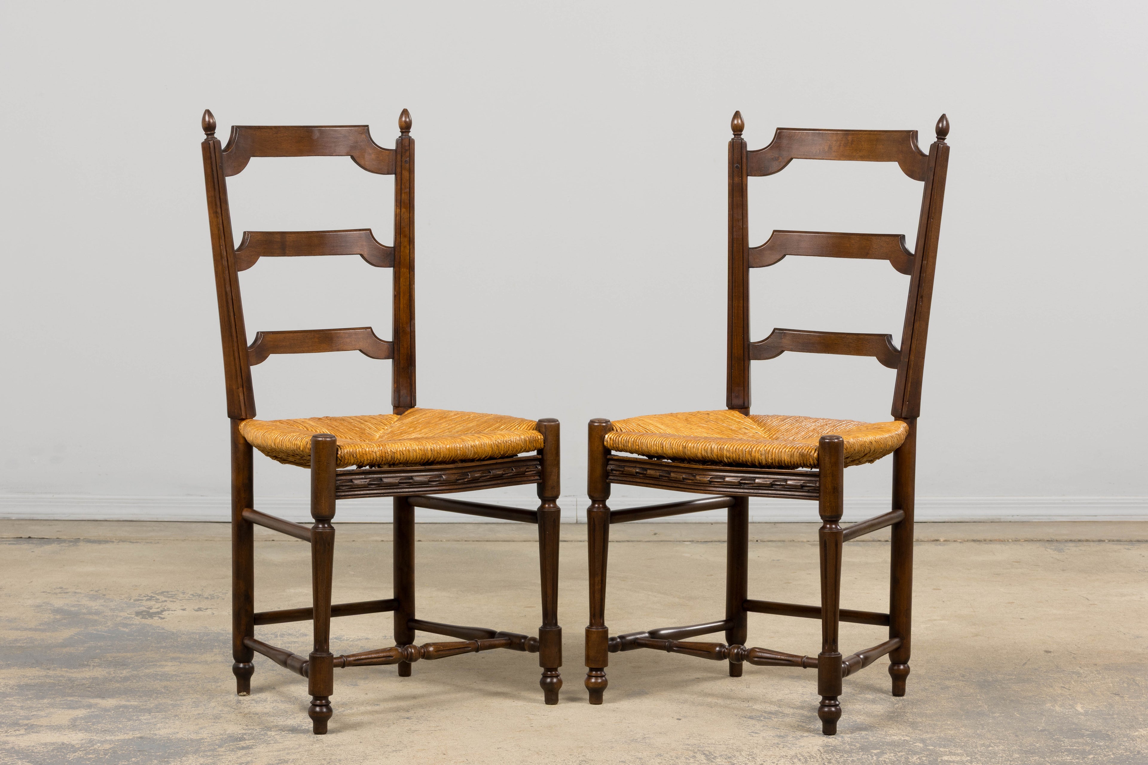 ON HOLD Antique French Louis XVI Style Ladder Back Walnut Dining Chairs W/ Rush Seats - Set of 8