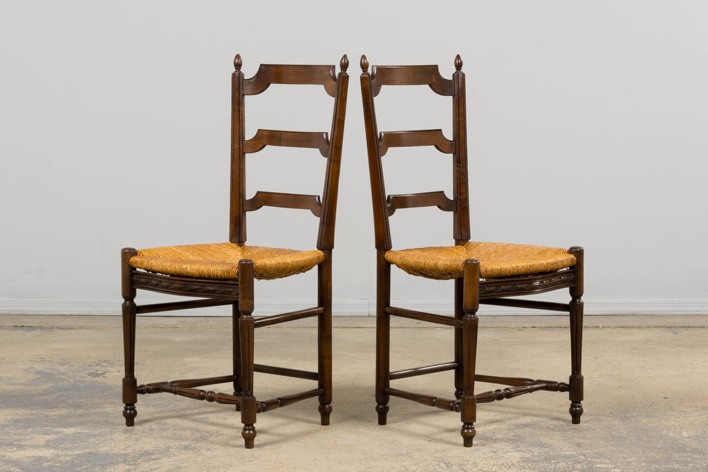 ON HOLD Antique French Louis XVI Style Ladder Back Walnut Dining Chairs W/ Rush Seats - Set of 8