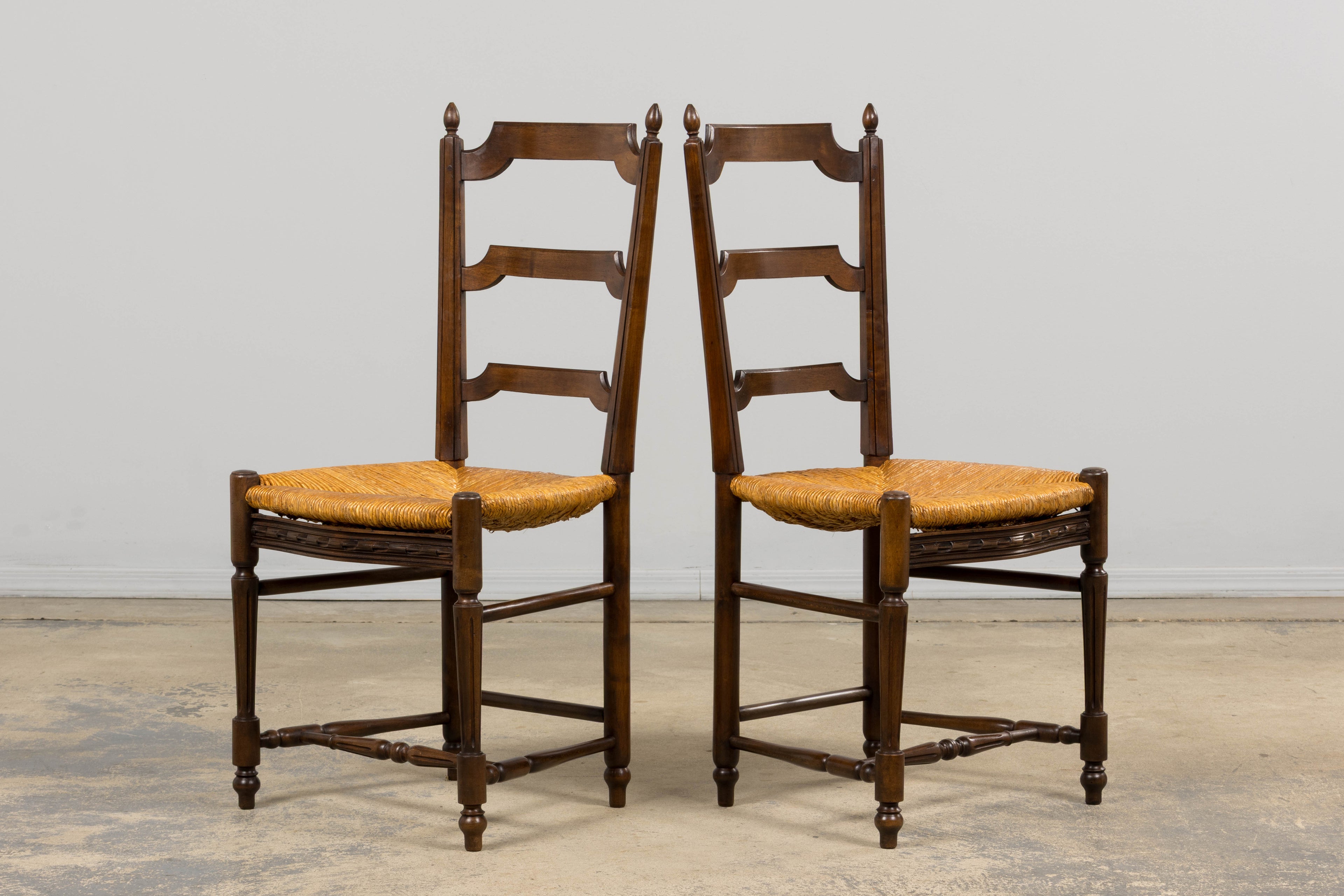 ON HOLD Antique French Louis XVI Style Ladder Back Walnut Dining Chairs W/ Rush Seats - Set of 8