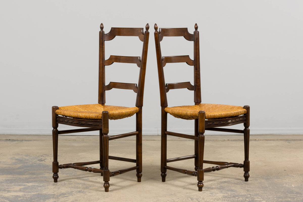 Antique French Louis XVI Style Ladder Back Walnut Dining Chairs W/ Rush Seats - Set of 8