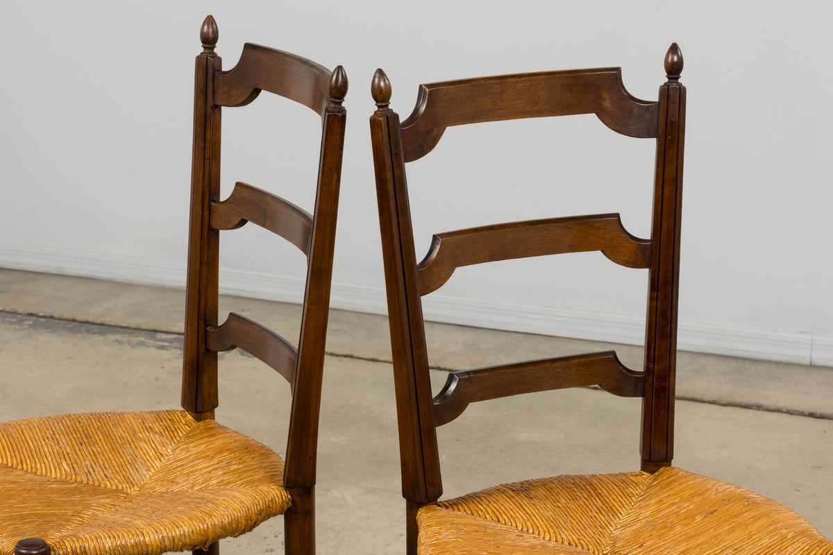 Antique French Louis XVI Style Ladder Back Walnut Dining Chairs W/ Rush Seats - Set of 8