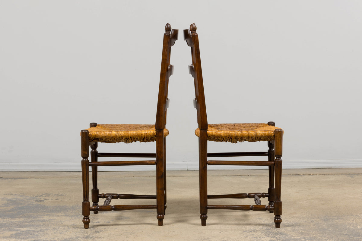 Antique French Louis XVI Style Ladder Back Walnut Dining Chairs W/ Rush Seats - Set of 8