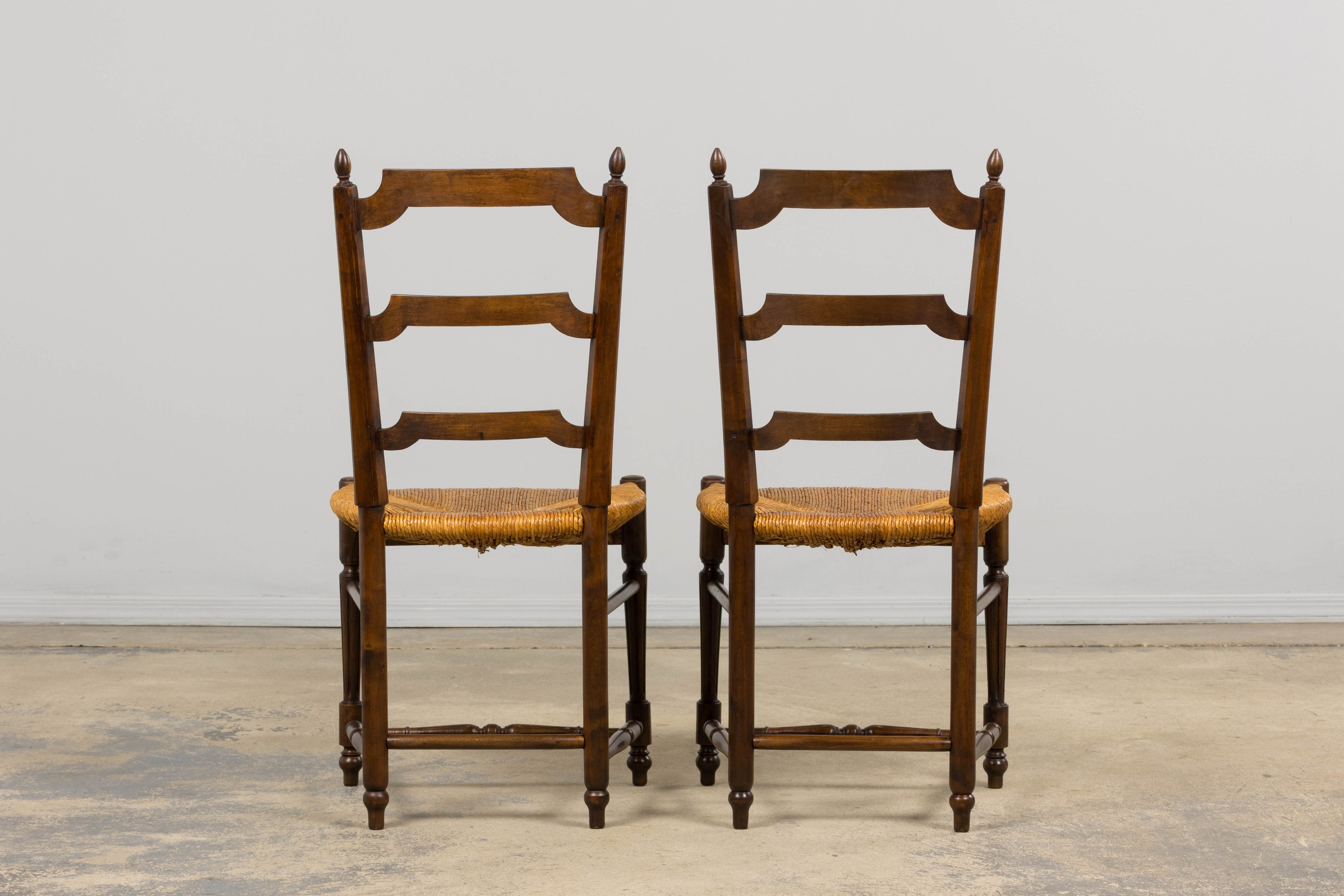 ON HOLD Antique French Louis XVI Style Ladder Back Walnut Dining Chairs W/ Rush Seats - Set of 8