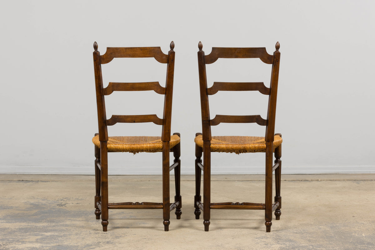 Antique French Louis XVI Style Ladder Back Walnut Dining Chairs W/ Rush Seats - Set of 8