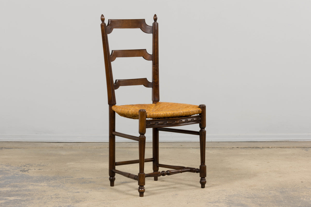 Antique French Louis XVI Style Ladder Back Walnut Dining Chairs W/ Rush Seats - Set of 8