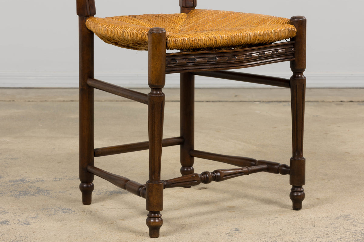 Antique French Louis XVI Style Ladder Back Walnut Dining Chairs W/ Rush Seats - Set of 8