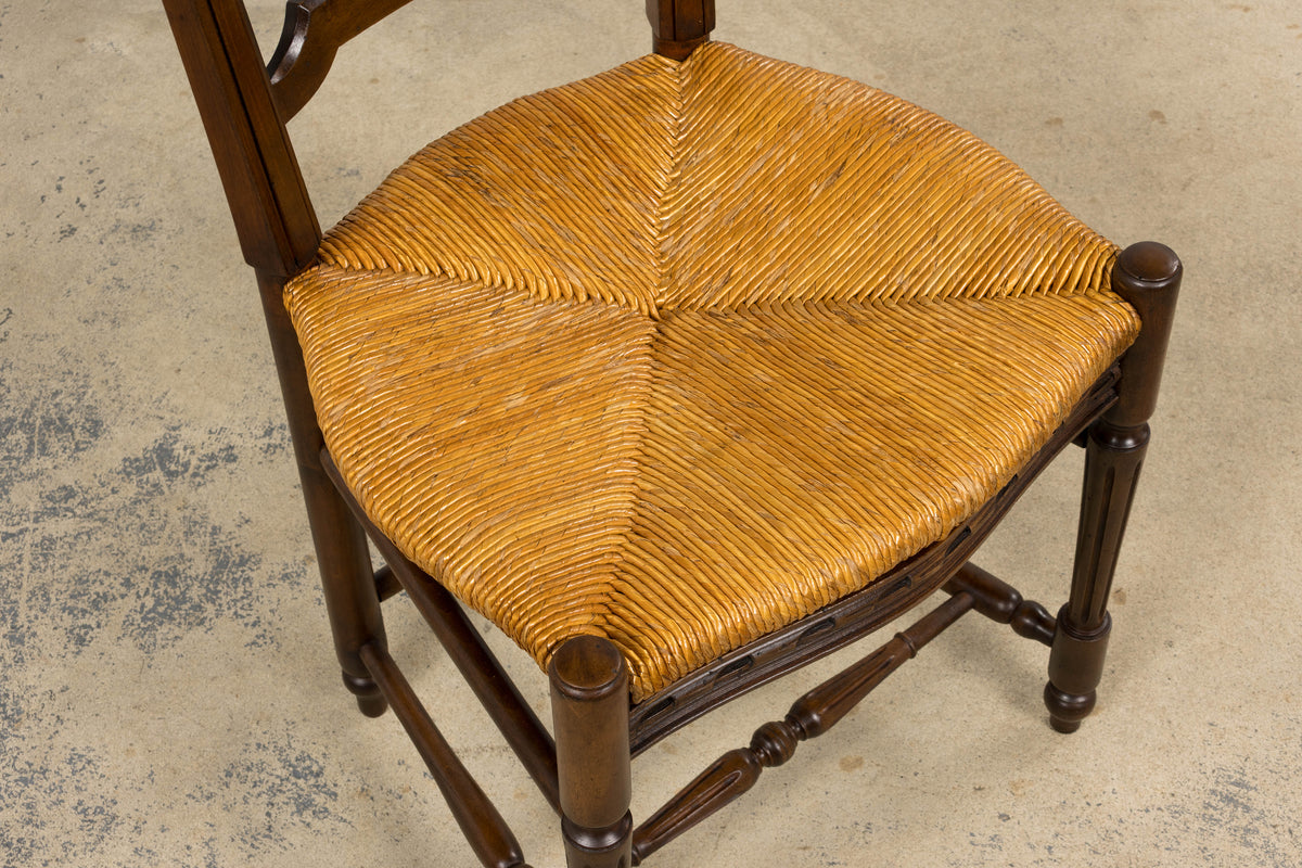Antique French Louis XVI Style Ladder Back Walnut Dining Chairs W/ Rush Seats - Set of 8