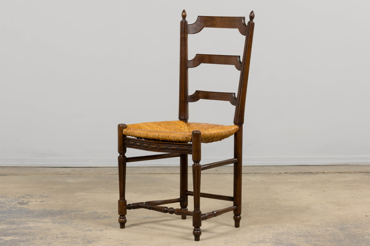 Antique French Louis XVI Style Ladder Back Walnut Dining Chairs W/ Rush Seats - Set of 8