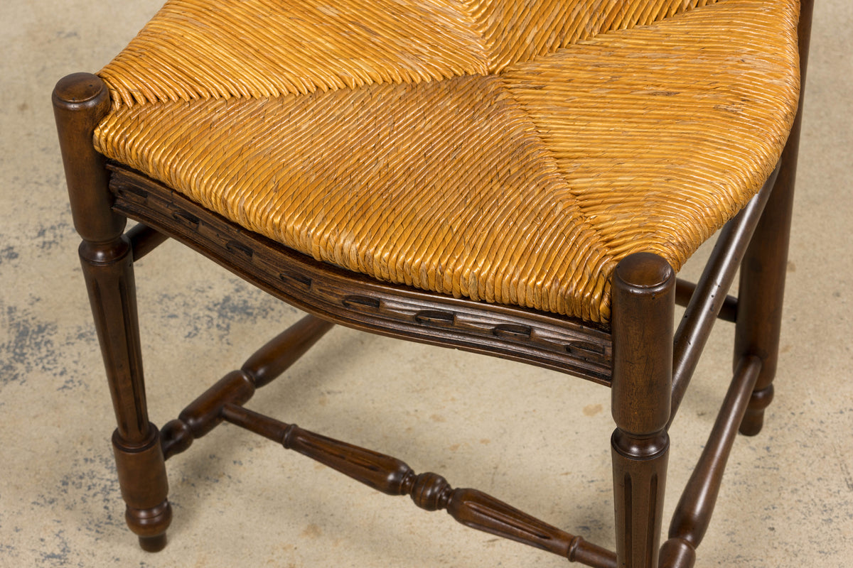 Antique French Louis XVI Style Ladder Back Walnut Dining Chairs W/ Rush Seats - Set of 8