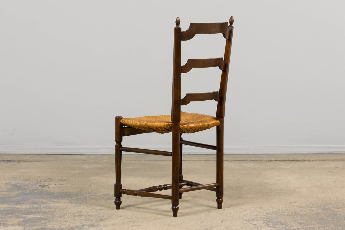 Antique French Louis XVI Style Ladder Back Walnut Dining Chairs W/ Rush Seats - Set of 8