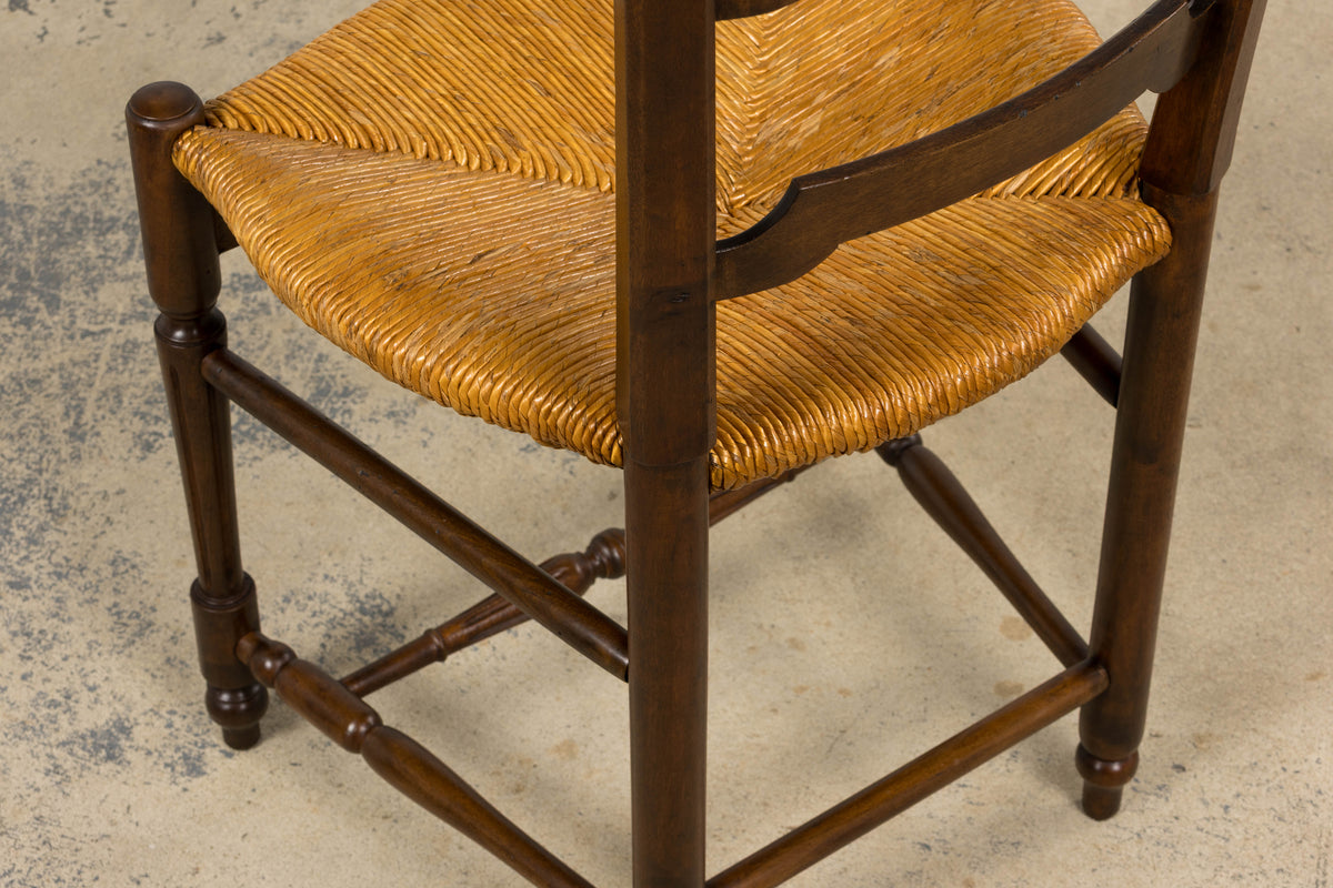 Antique French Louis XVI Style Ladder Back Walnut Dining Chairs W/ Rush Seats - Set of 8