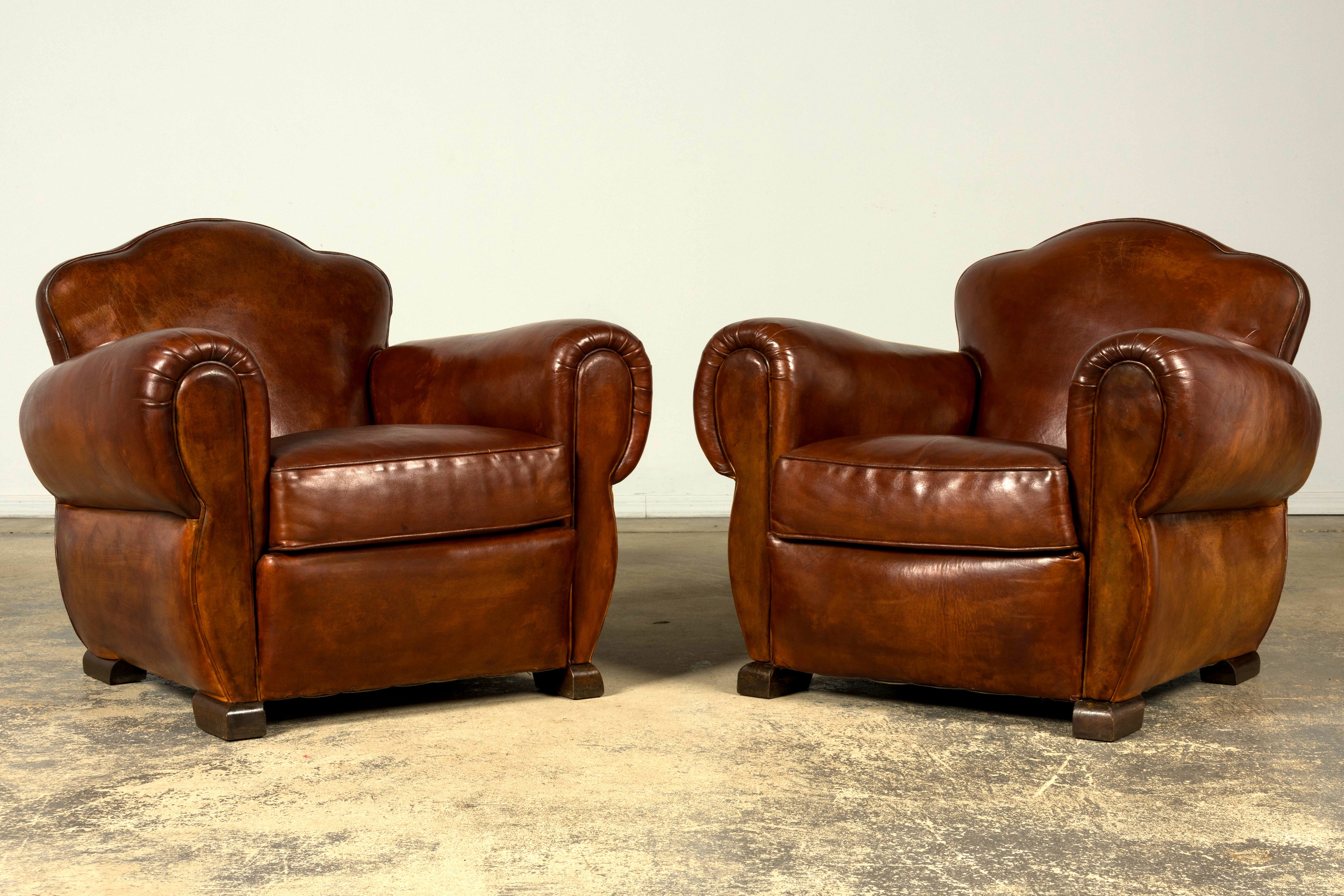 1940s French Art Deco Cognac Leather Club Chairs, Pair