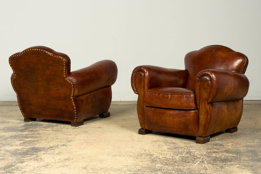 1940s French Art Deco Cognac Leather Club Chairs, Pair