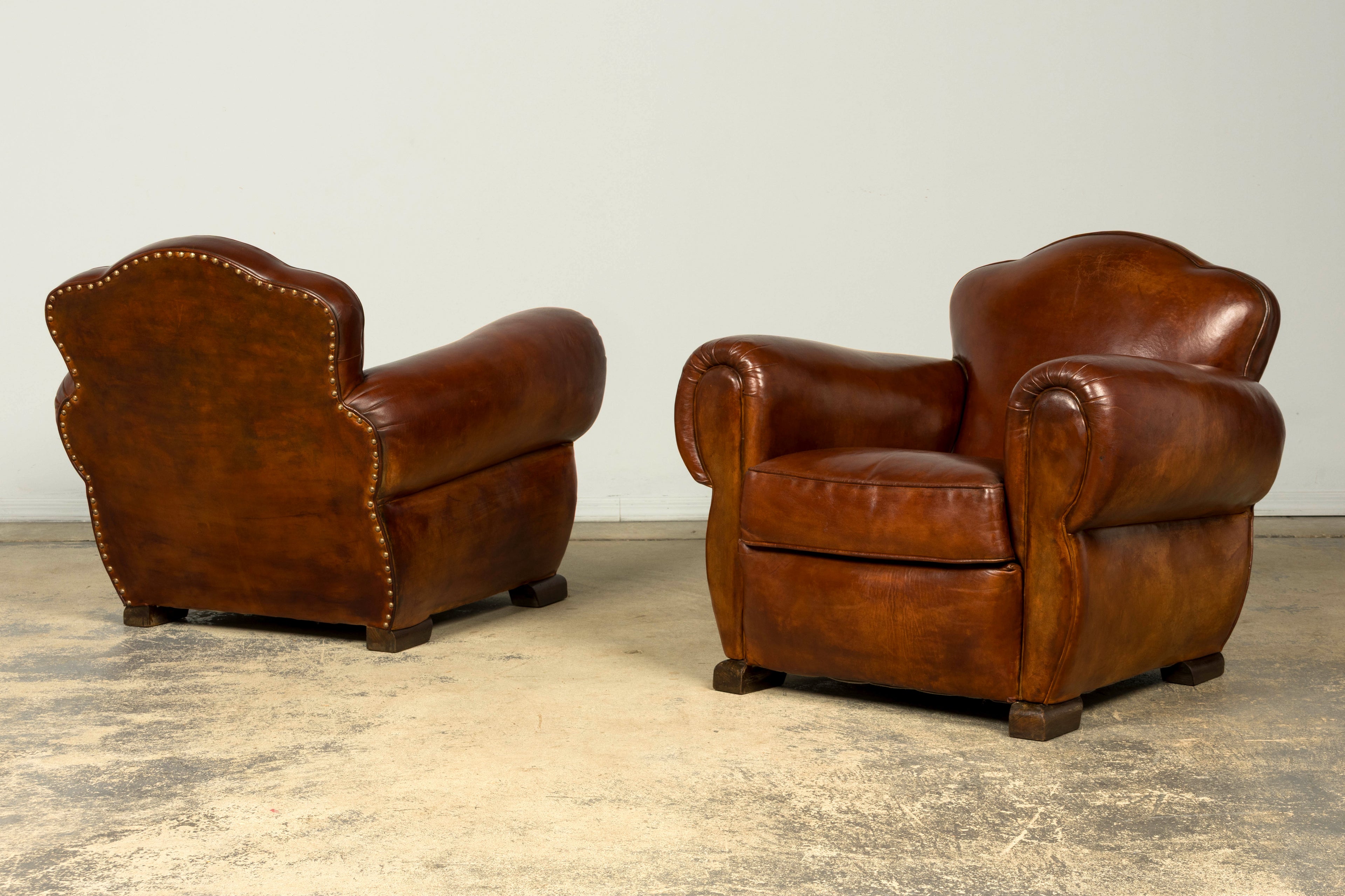 1940s French Art Deco Cognac Leather Club Chairs, Pair