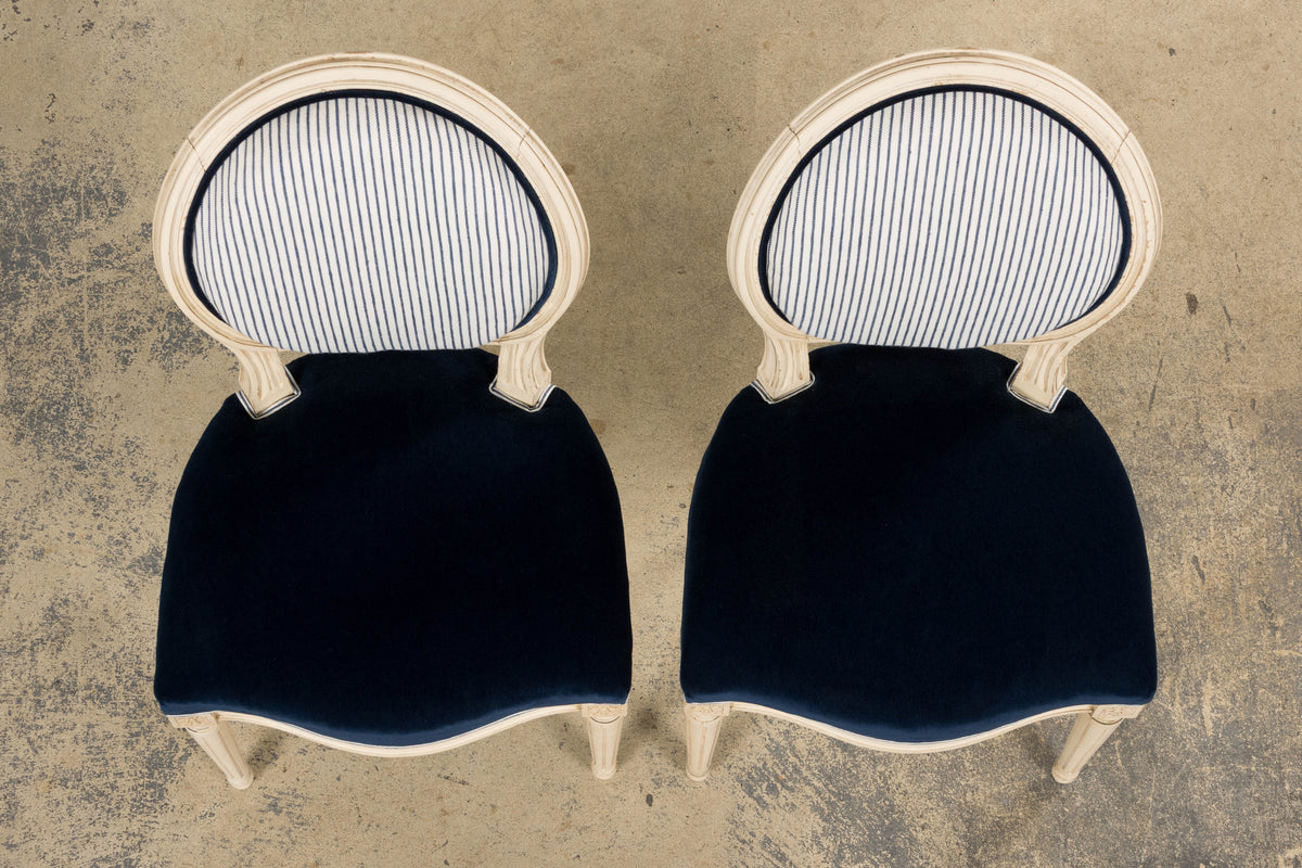 A Pair of Antique French Louis XVI Style Painted Side Chairs in Navy