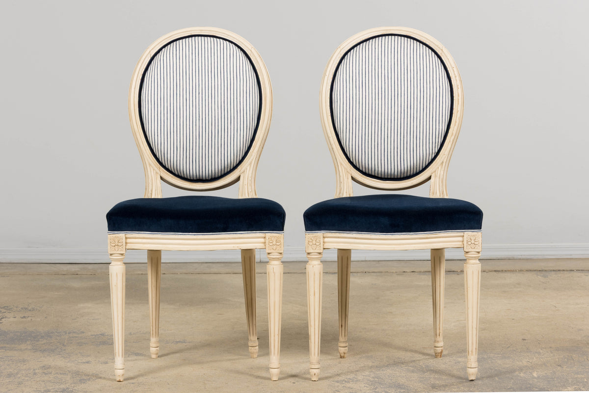 A Pair of Antique French Louis XVI Style Painted Side Chairs in Navy