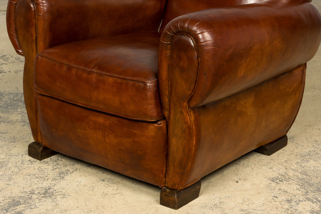 1940s French Art Deco Cognac Leather Club Chairs, Pair