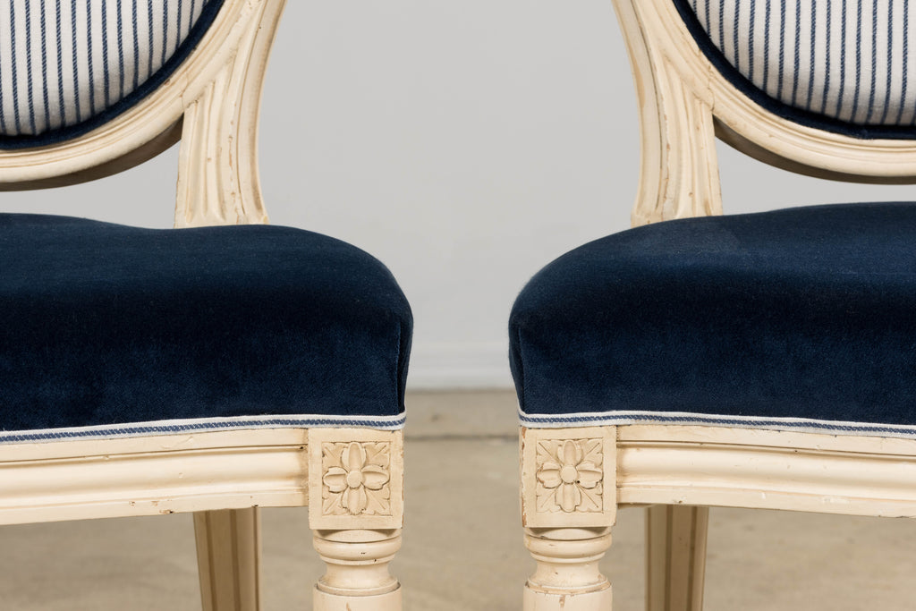 A Pair of Antique French Louis XVI Style Painted Side Chairs in Navy