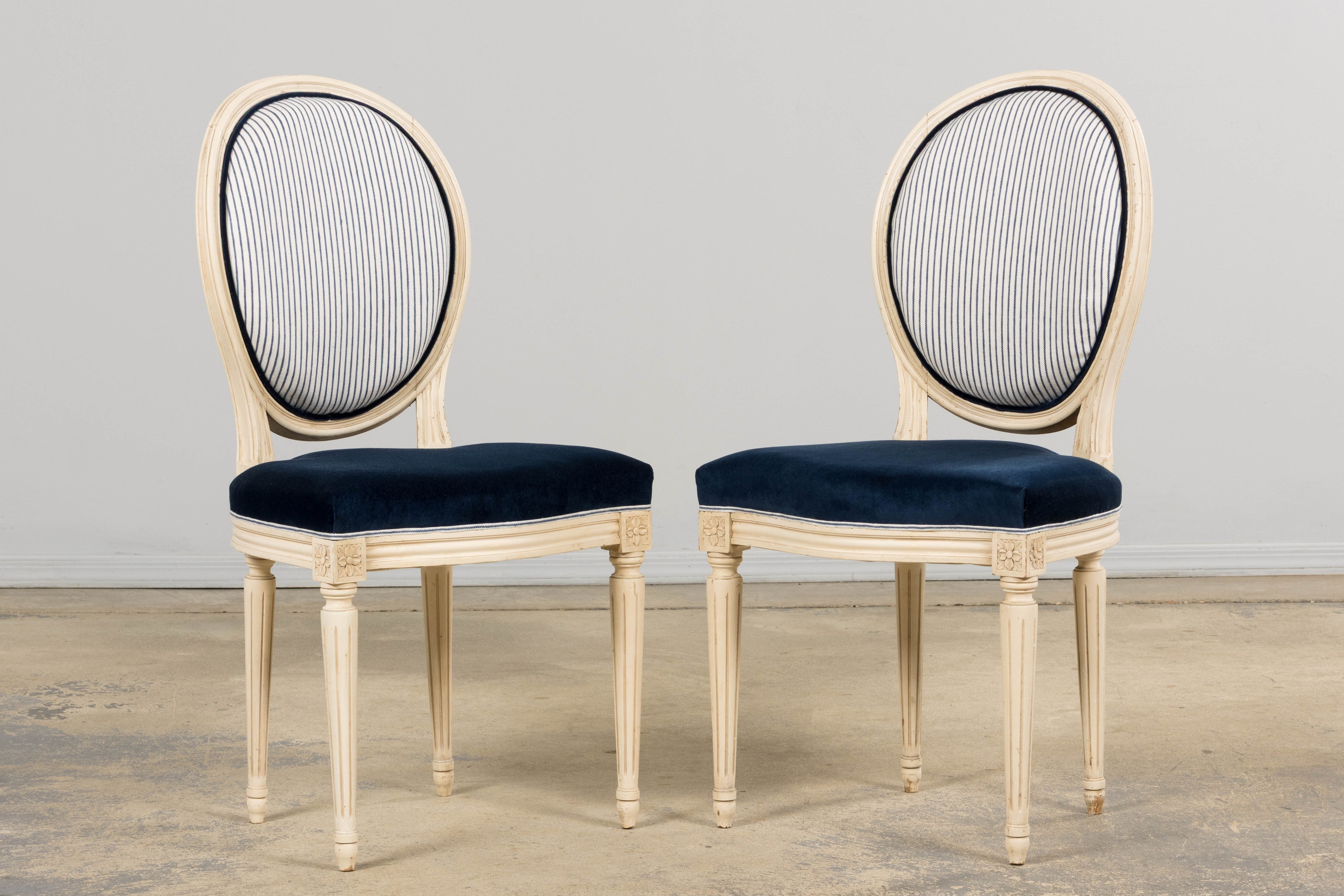 A Pair of Antique French Louis XVI Style Painted Side Chairs in Navy