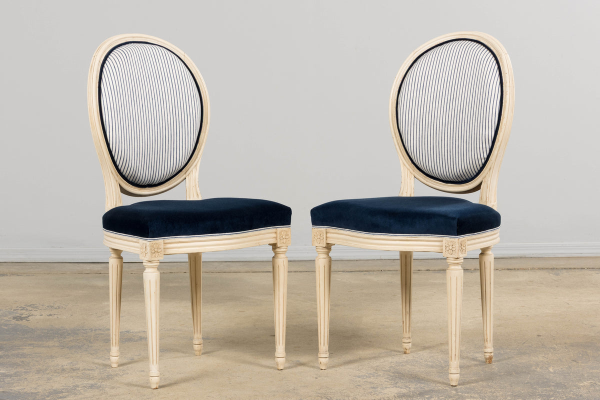 A Pair of Antique French Louis XVI Style Painted Side Chairs in Navy