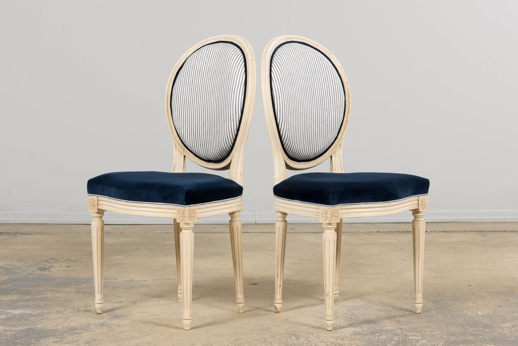 A Pair of Antique French Louis XVI Style Painted Side Chairs in Navy