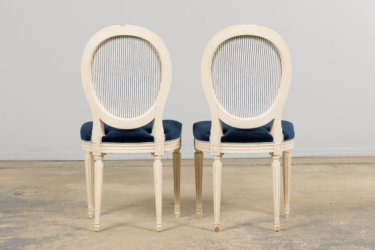 A Pair of Antique French Louis XVI Style Painted Side Chairs in Navy