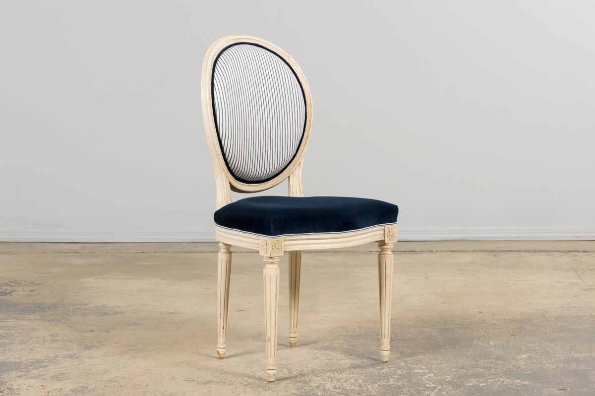 A Pair of Antique French Louis XVI Style Painted Side Chairs in Navy