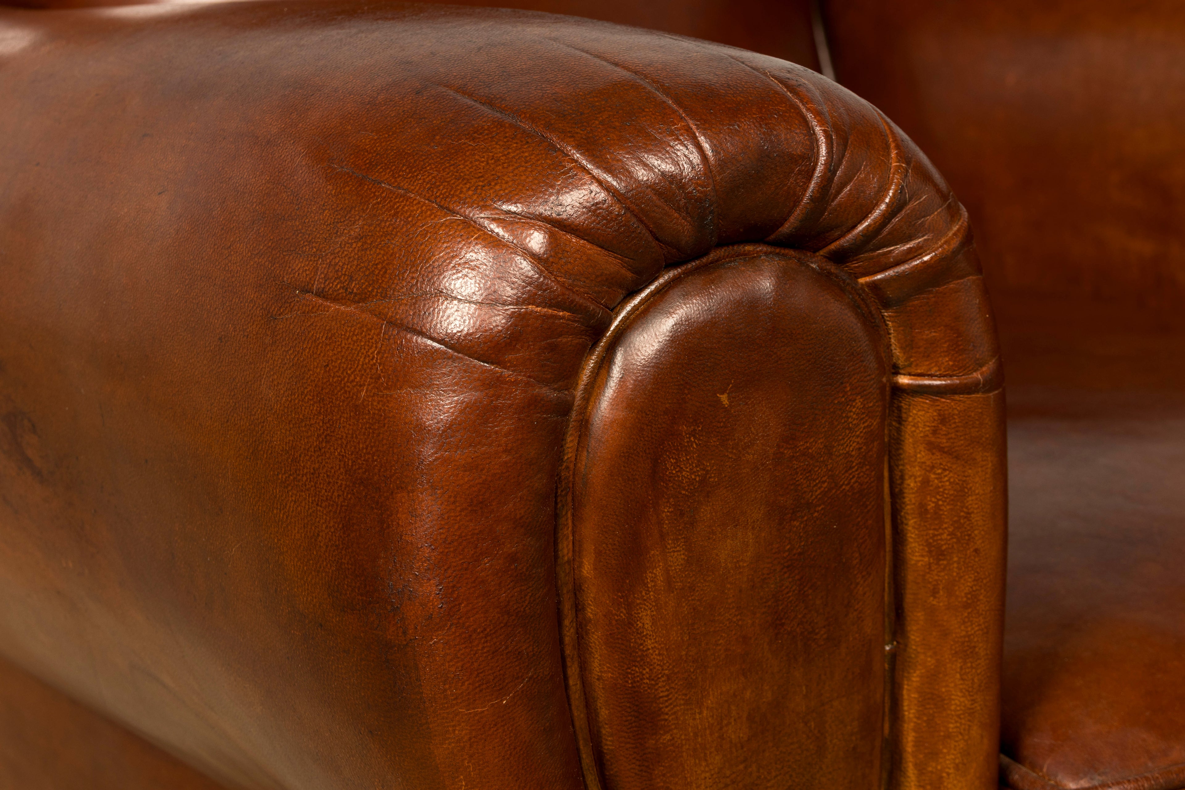 1940s French Art Deco Cognac Leather Club Chairs, Pair