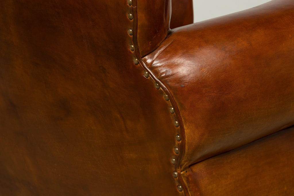 1940s French Art Deco Cognac Leather Club Chairs, Pair