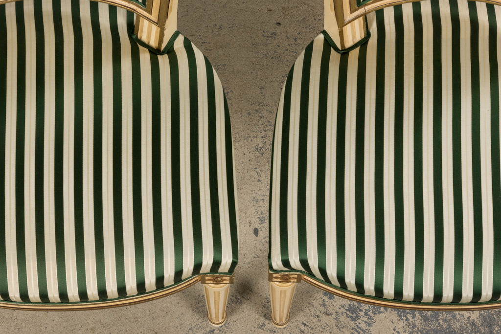 Antique French Louis XVI Style Painted Accent Side Chairs in Green Stripe - A Pair