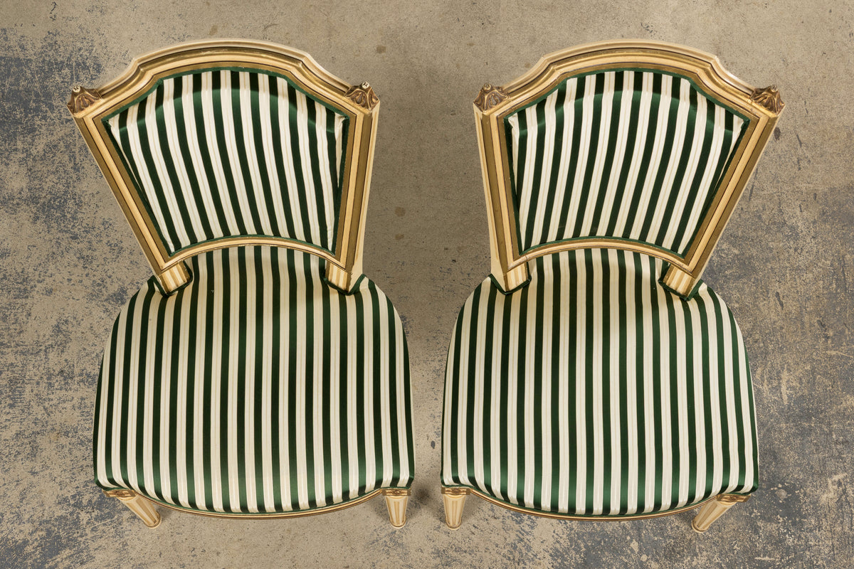 Antique French Louis XVI Style Painted Accent Side Chairs in Green Stripe - A Pair