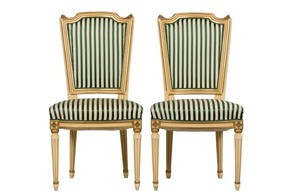 Antique French Louis XVI Style Painted Accent Side Chairs in Green Stripe - A Pair