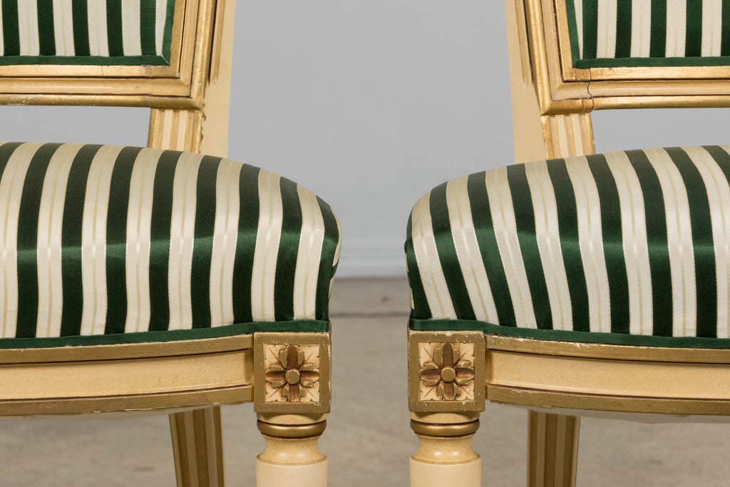 Antique French Louis XVI Style Painted Accent Side Chairs in Green Stripe - A Pair