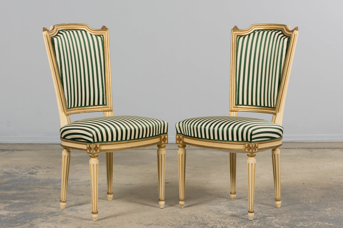 Antique French Louis XVI Style Painted Accent Side Chairs in Green Stripe - A Pair
