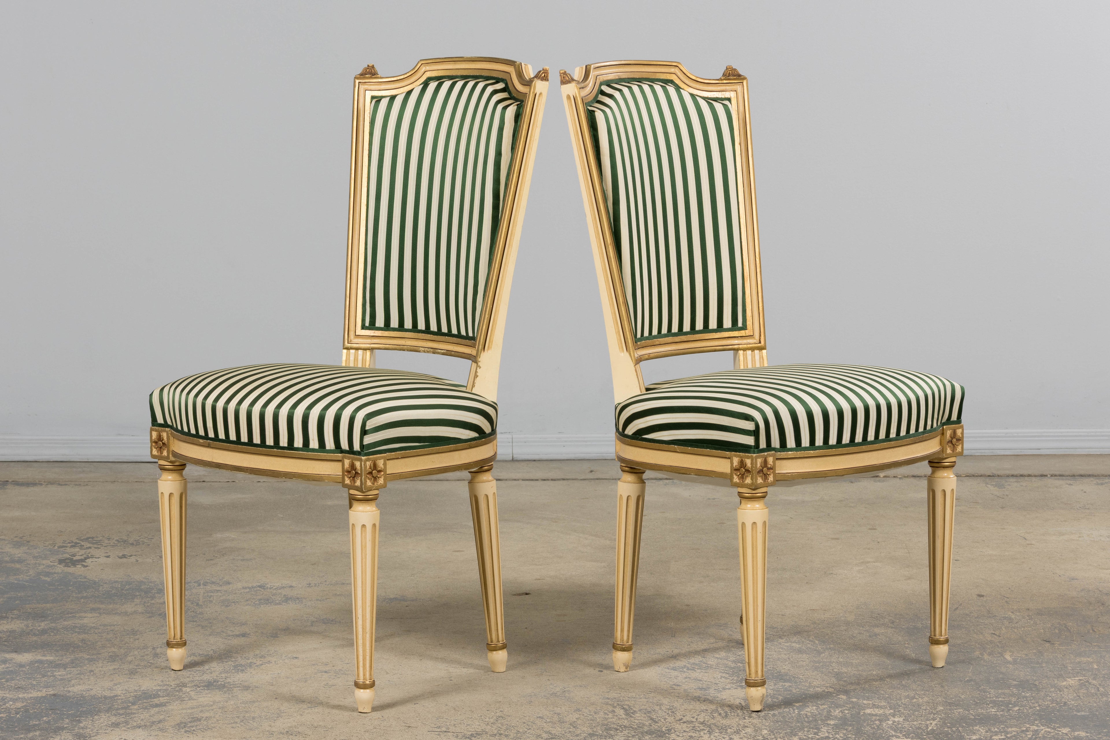 Antique French Louis XVI Style Painted Accent Side Chairs in Green Stripe - A Pair
