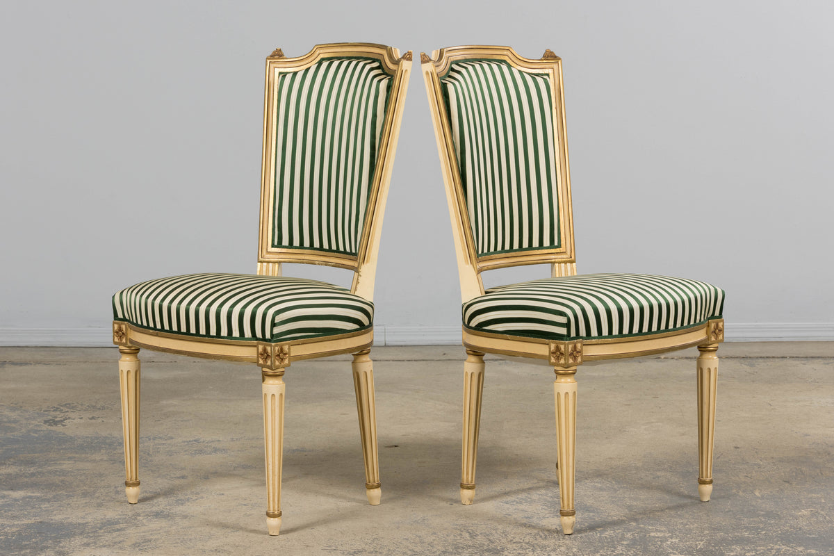 Antique French Louis XVI Style Painted Accent Side Chairs in Green Stripe - A Pair