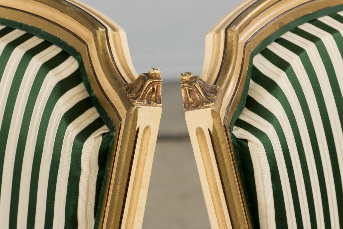 Antique French Louis XVI Style Painted Accent Side Chairs in Green Stripe - A Pair