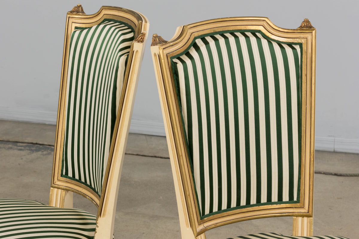 Antique French Louis XVI Style Painted Accent Side Chairs in Green Stripe - A Pair