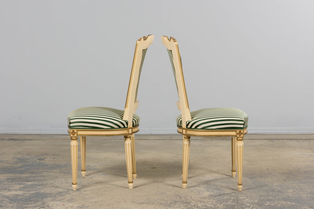 Antique French Louis XVI Style Painted Accent Side Chairs in Green Stripe - A Pair
