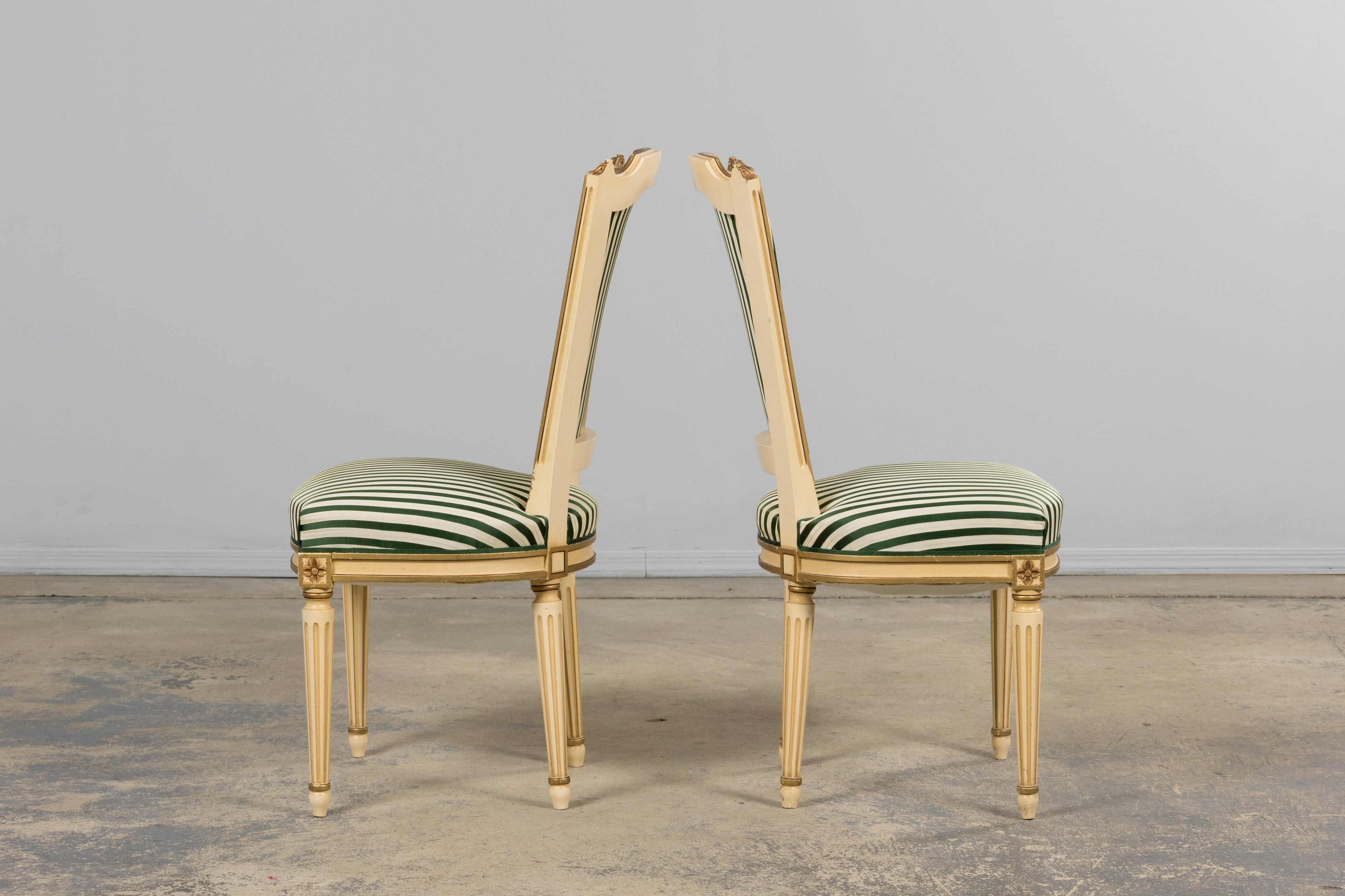 Antique French Louis XVI Style Painted Accent Side Chairs in Green Stripe - A Pair