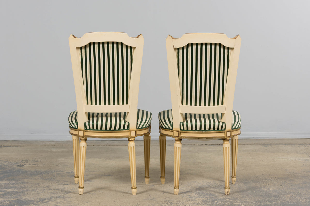Antique French Louis XVI Style Painted Accent Side Chairs in Green Stripe - A Pair
