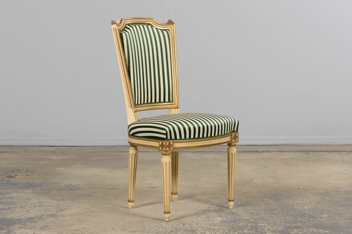 Antique French Louis XVI Style Painted Accent Side Chairs in Green Stripe - A Pair
