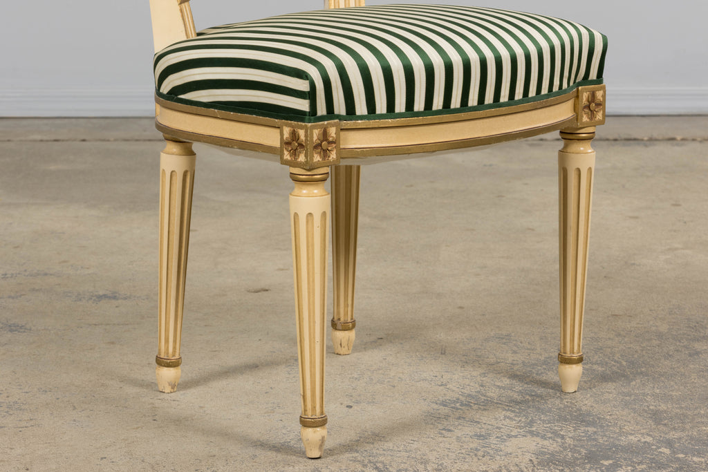 Antique French Louis XVI Style Painted Accent Side Chairs in Green Stripe - A Pair